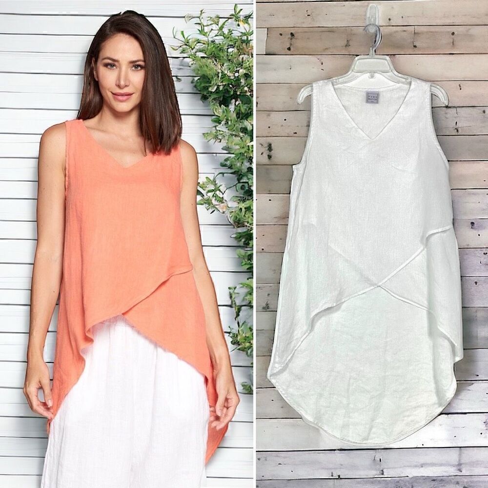 Pure Match USA 100% Linen WHITE Sleeveles Hi Low Tunic Sz Large Lagenlook